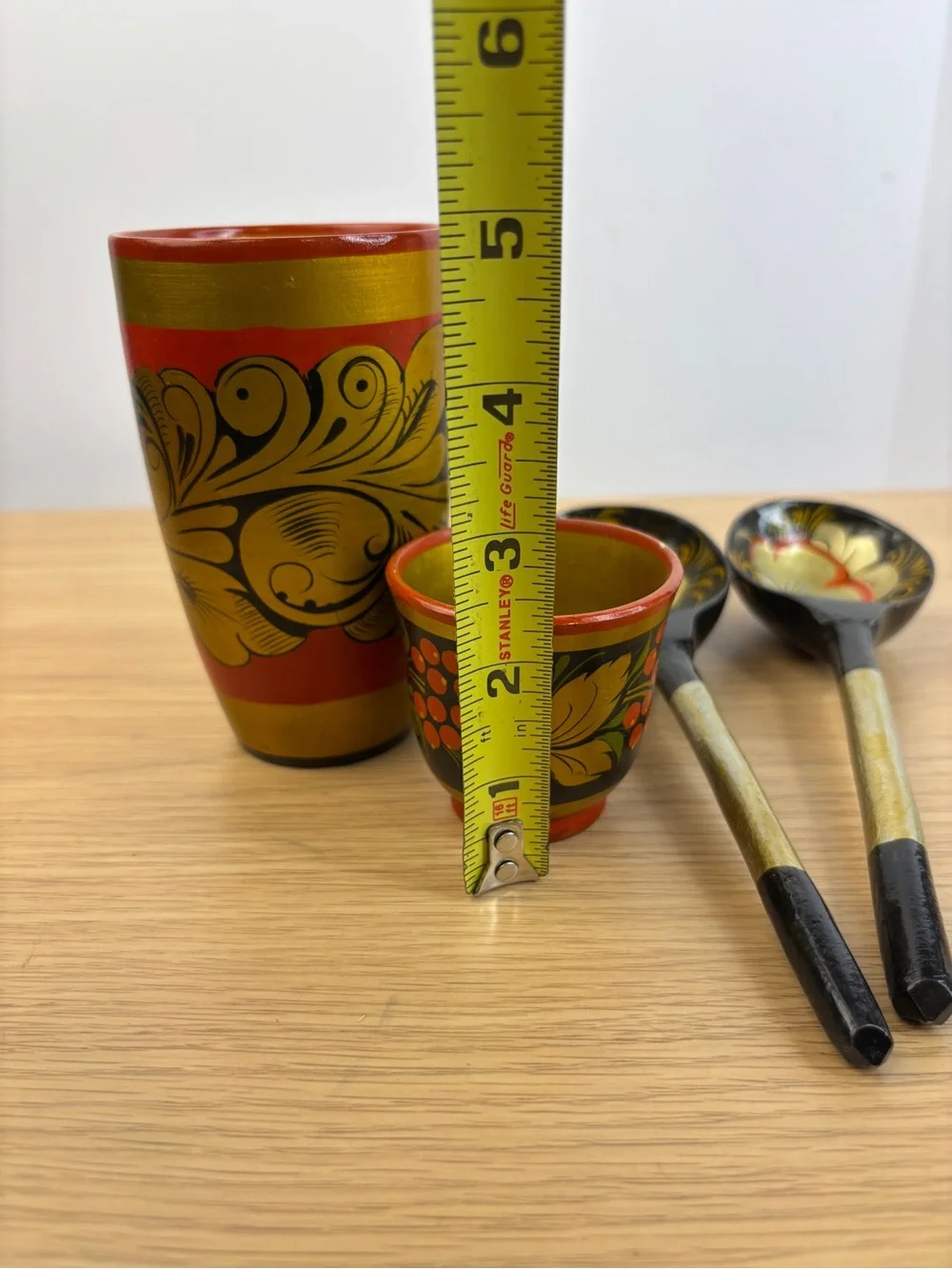 Traditional Russian Khokhloma Painted Wood Folk Art Style Cup/Spoon Set Red/Gold